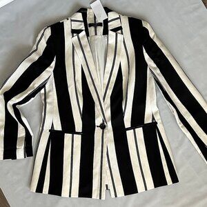 ANN TAYLOR Petite 6P Stunning Long Black & White Striped Blazer MINT Condition